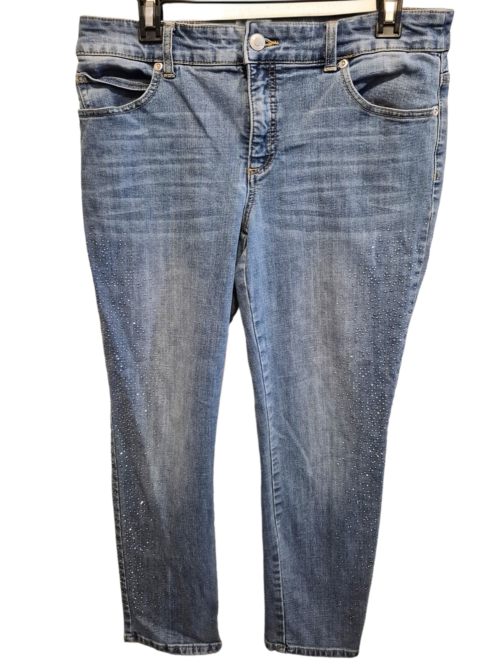 Chico's So Slimming Rhinestone Cropped Jeans Women's Size 1/8 Blue Stretch Capri